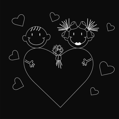 Outline style black and white girl and boy fall in love with each other. Bouquet of flowers and a huge heart, Valentine s day vector design concept. Love story