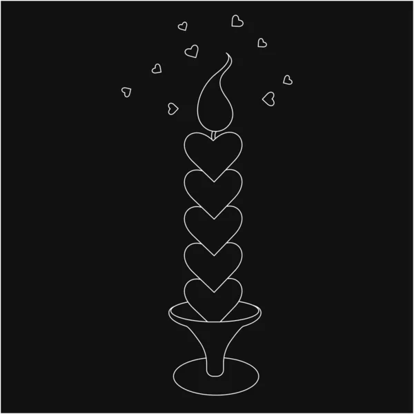 Black White Outline Style Candle Hearts Blue Fire Concept Vector — Stok Vektör
