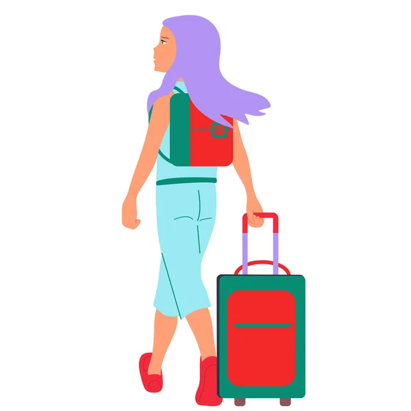 Girl Backpack Suitcase Airport She Arrived New Unfamiliar City Journey — Stock Vector