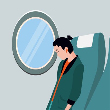 Adam uçakla seyahat ediyor. Yolcu kulaklıkla uyuyor. Güvenli uçuş kavramı. Bir karikatürün vektör illüstrasyonu