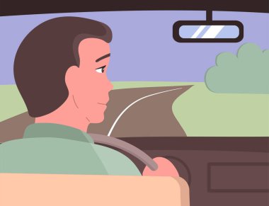 Trip, yolculuk. Genç bir adam yolda araba kullanıyor. Vektör