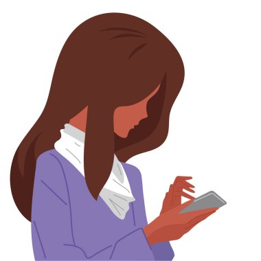 Telefon, akıllı telefon. Kız elinde bir telefon tutuyor, bir mesaj okuyor, video bağlantısıyla konuşuyor. Moda renkleri. Vektör.