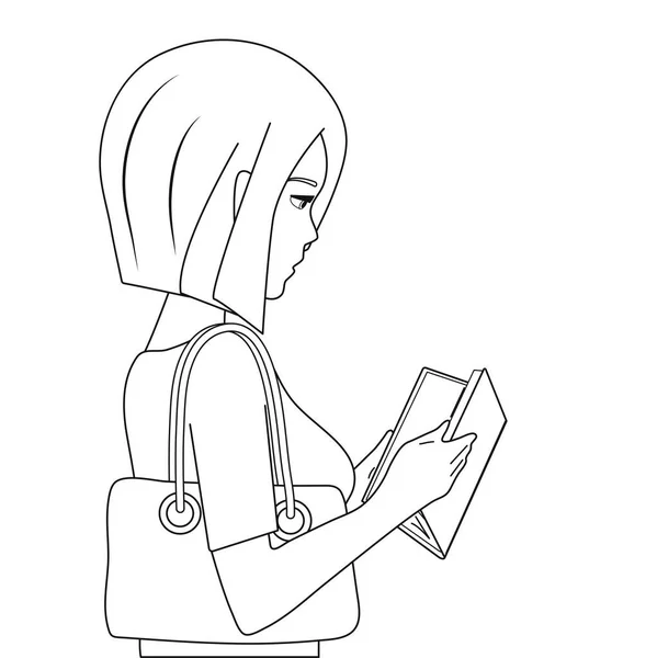 Girl Reading Interesting Book Black White Drawing — Stock Vector