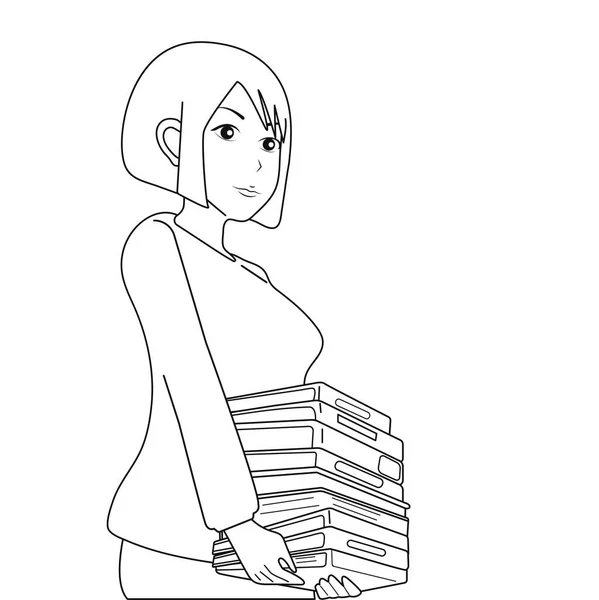 Girl Reading Interesting Book Black White Drawing — Stock Vector
