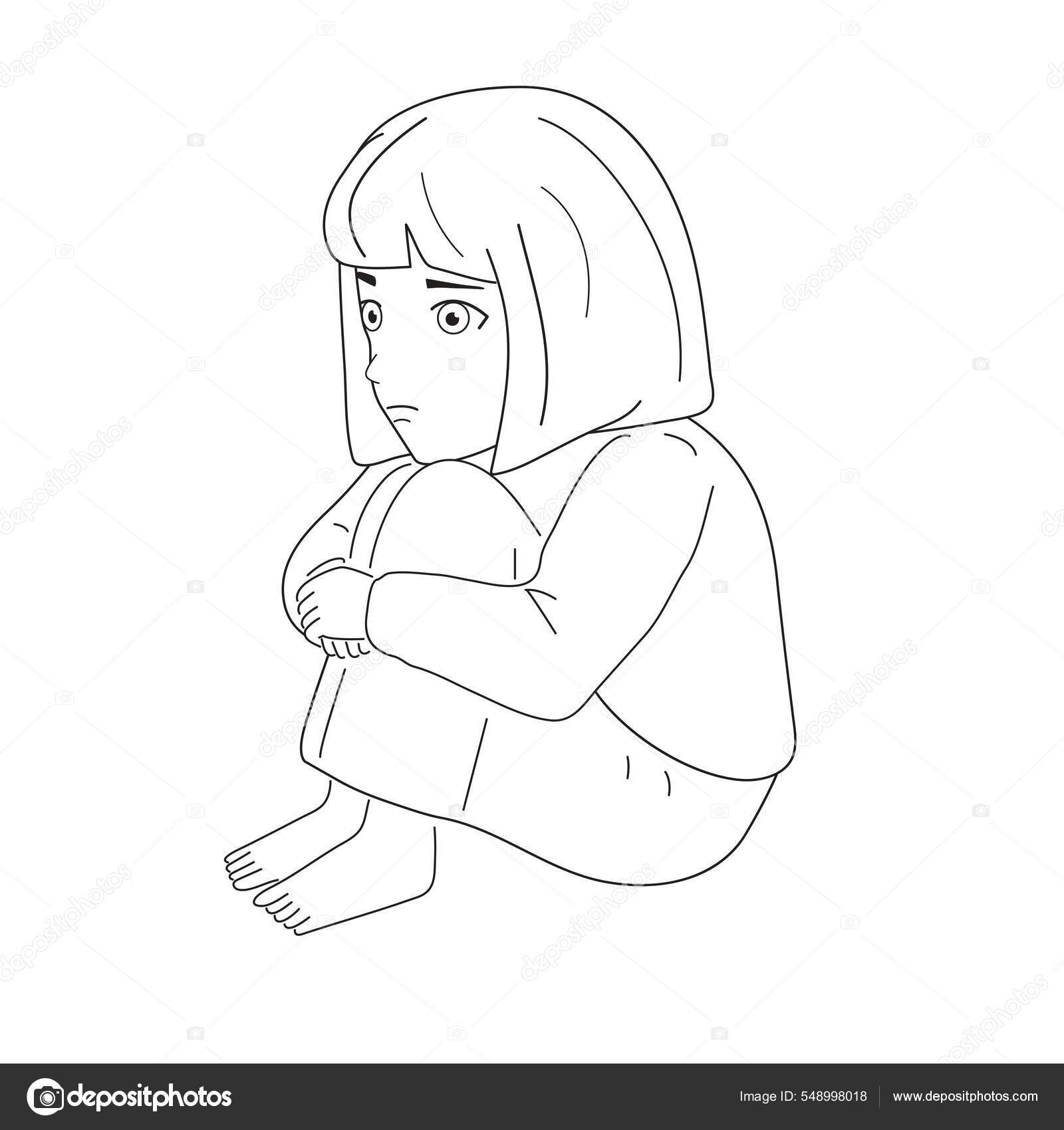 Menina Assustada, Deprimida E Triste Parece Solitária. Ilustração