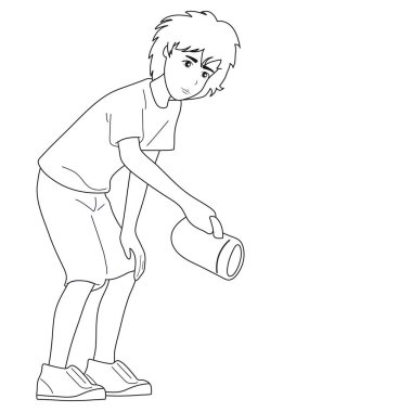 Siyah beyaz görüntü. Büyük elektrikli el feneri olan bir adam yolu aydınlatıyor, beyaz arkaplan. Beyaz arkaplan,