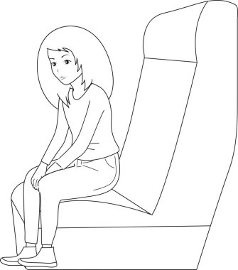 Siyah beyaz görüntü. Sarışın, yumuşak bir koltukta otobüse biniyor. Taşıma yolculuğu, vektör