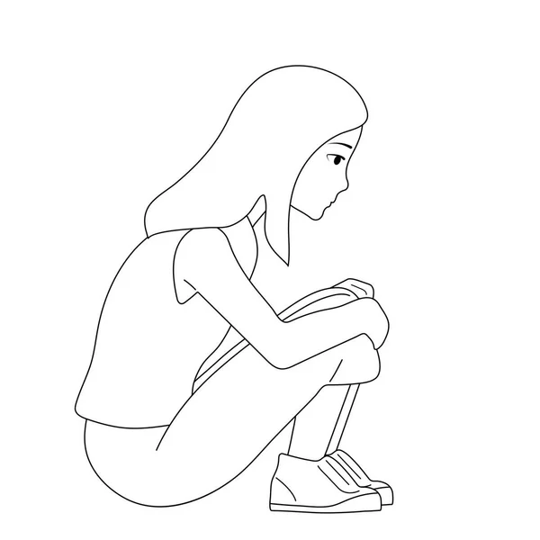 Black White Image Frightened Depressed Sad Girl Looks Lonely Vector — Stock Vector