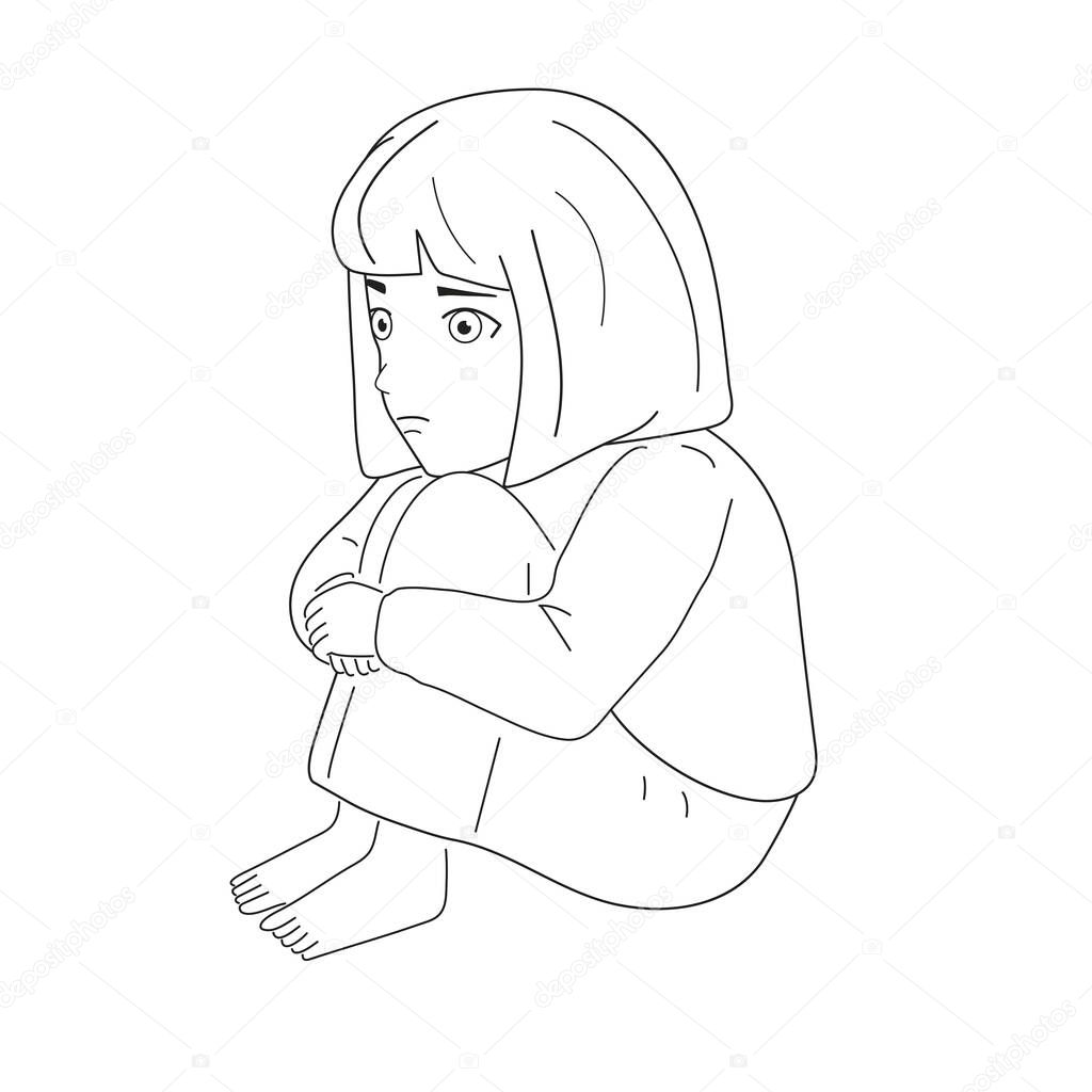Black and white image. Frightened, depressed, sad girl looks lonely. Vector illustration of a helpless, frightened child. Anxiety and fear. White background