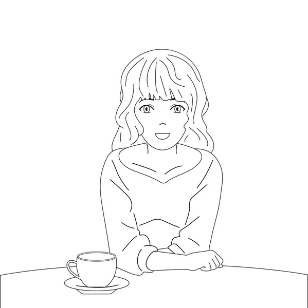 Meisje Met Een Kop Koffie Thee Vector Illustratie Geïsoleerde Achtergrond — Stockvector