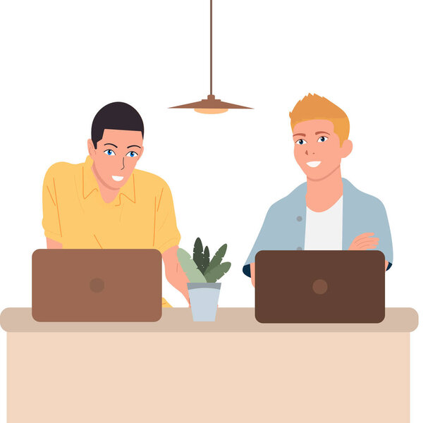 Два парня работают в офисе на ноутбуках. Вектор
