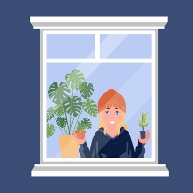 Pencere. Kız iç mekan bitkilerini elinde tutuyor. Vektör