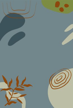 Boho tarzında vektör illüstrasyonu. Soyut suluboya geometrik denge şekilleri, bitkiler. Kapak, duvar kağıdı, kartpostal, sosyal ağlar, dekor için tasarım.