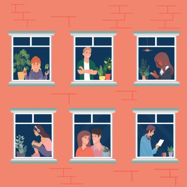 Penceresinde insanlar olan çok katlı bir bina. Kapalı alandaki bitkiler, telefonunuzu ya da tabletinizi kullanın. Komşularla iletişim. Vektör illüstrasyonu