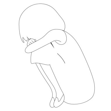 Siyah ve beyaz. Korkmuş, depresif, üzgün kız yalnız görünüyor. Çaresiz, korkmuş bir çocuğun vektör çizimi.