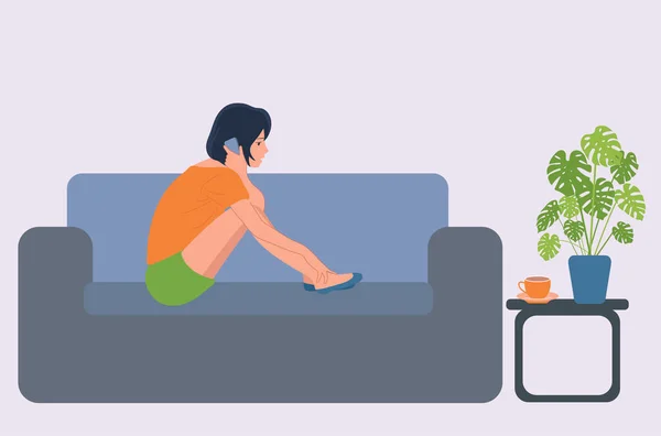 Fille Parle Téléphone Assise Dans Chambre Sur Canapé — Image vectorielle