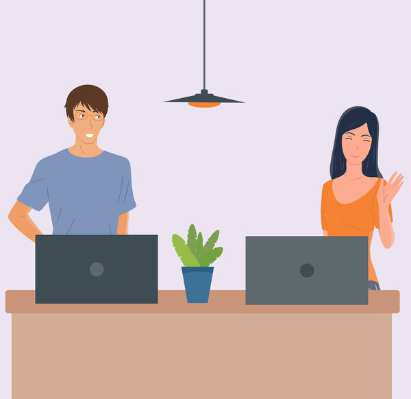 Мужчина и женщина работают в офисе на ноутбуках. Вектор