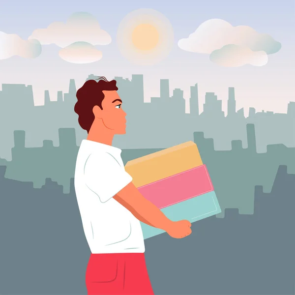 Der Typ Trägt Schachteln Ein Geschenk Zustellung Der Pakete Tag — Stockvektor