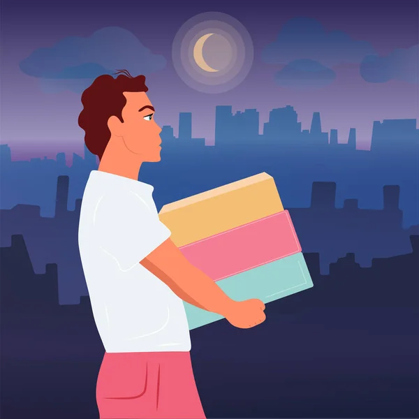 Adam Kutular Taşıyor Bir Hediye Gece Gündüz Paket Teslimatı Vektör — Stok Vektör