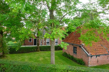 Kuzey Hollanda 'da eski bir köy. Pencereler ve parlak çiçekler, doku duvarları