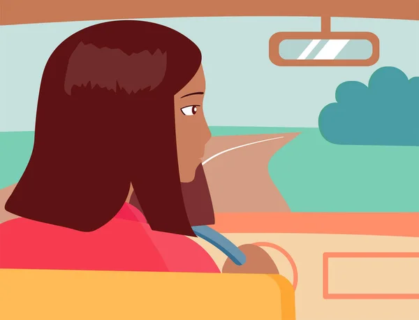 Κορίτσι Στο Αυτοκίνητο Οδηγεί Κατά Μήκος Του Δρόμου Στο Χωράφι — Διανυσματικό Αρχείο