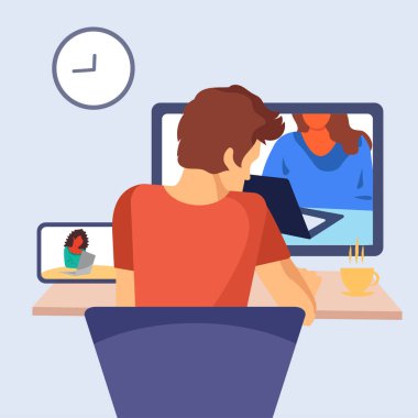 Online video konferans konsepti. İnternet iletişimi. İnsanlar telefon ve dizüstü bilgisayarla iletişim kuruyor.