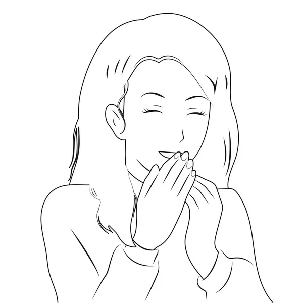 Young Girl Laughs Covering Her Mouth Her Hands Black White — Vetor de Stock