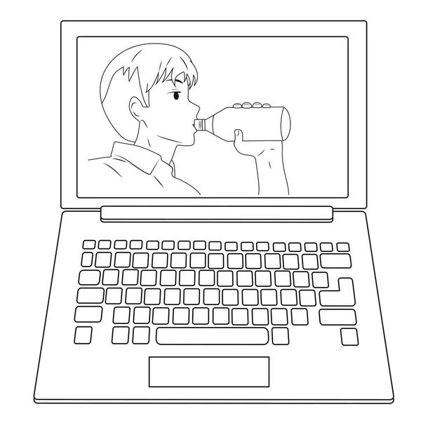 Video Call Guy Drinking Water Black White — Image vectorielle