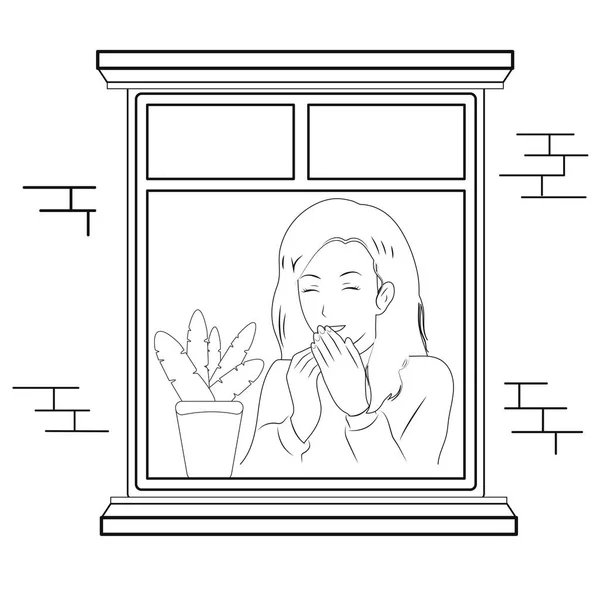 Girl Looks Out Window Black White — стоковый вектор