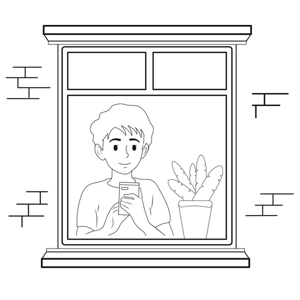 Guy Looks Out Window Black White — Stock Vector