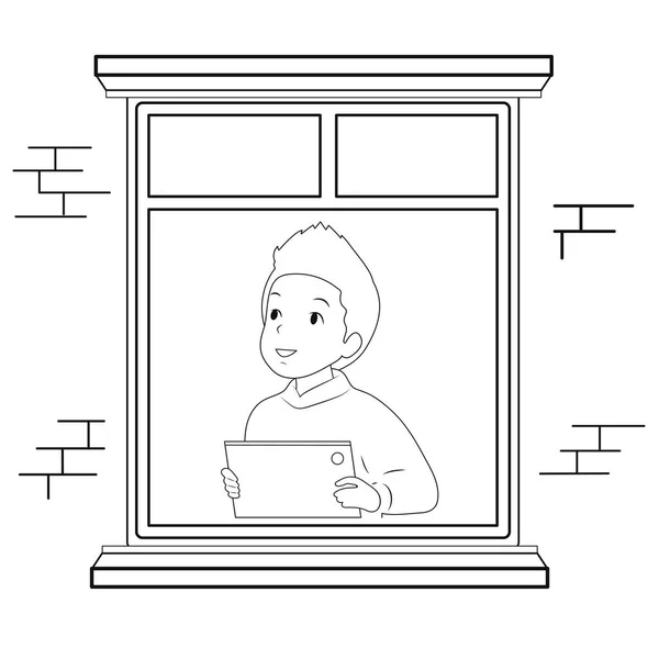Хлопець Дивиться Вікно Чорно Білий — стоковий вектор
