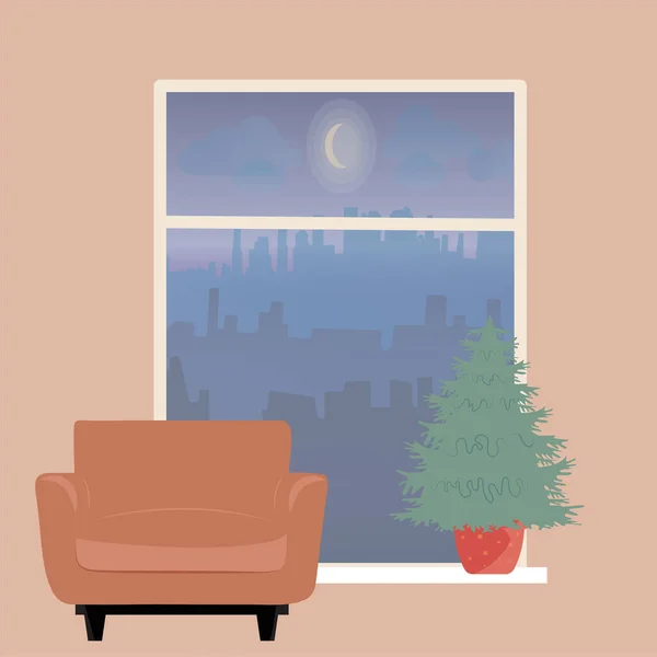 New Year Christmas House Apartment Decorated Christmas Tree Vector Illustration — Archivo Imágenes Vectoriales