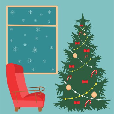 New Year or Christmas. House or apartment decorated with a Christmas tree.Vector illustration.