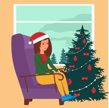 Woman's Christmas happiness. Christmas tree, gifts Vector