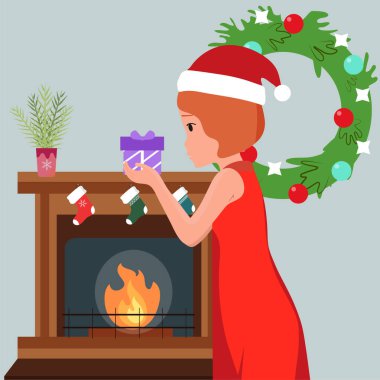 Woman's Christmas happiness. Christmas tree, gifts Vector