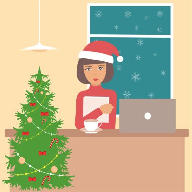 Woman's Christmas happiness. Christmas tree, gifts Vector