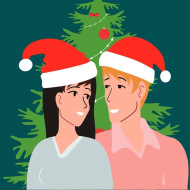 Christmas happiness man woman. Christmas tree, gifts, family Vector