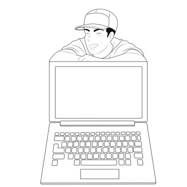 Laughing man on the phone. Place for text.Black and white vector