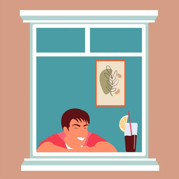 Laughing Man Window Drink Rest Comfort Joy Color Flat Vector — Archivo Imágenes Vectoriales