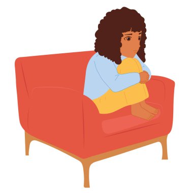 A little girl sits on an armchair and is sad.Vector flat