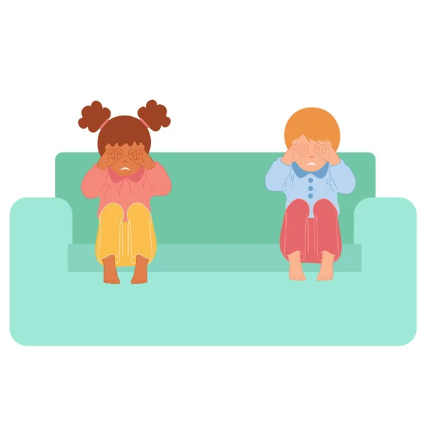 Ένα Αγόρι Και Ένα Κορίτσι Κάθονται Στον Καναπέ Και Κλαίνε — Διανυσματικό Αρχείο