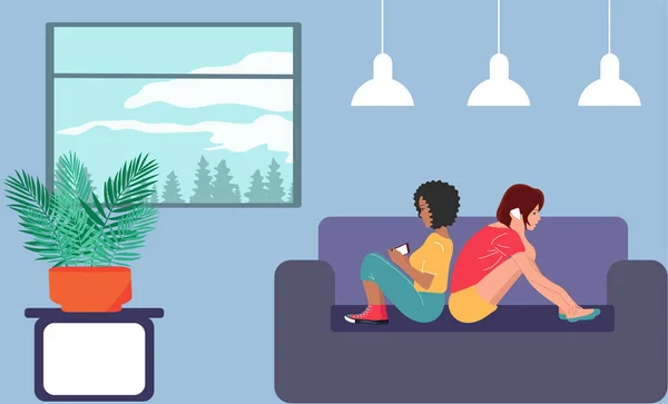 Two Girls Talking Phone Sitting Sofa — Archivo Imágenes Vectoriales