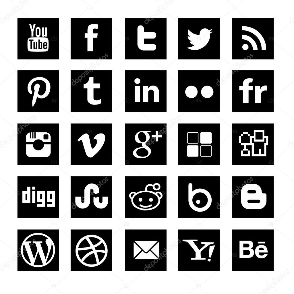 Set of 25 imple Social-media icons, black squared, vector is fully customizable: the isolated icons and background color.