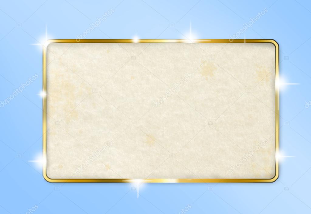 Paper label with golden border over a blue-sky background