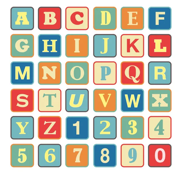 Bloque retro Alfabeto con colores vintage y letras — Vector de stock