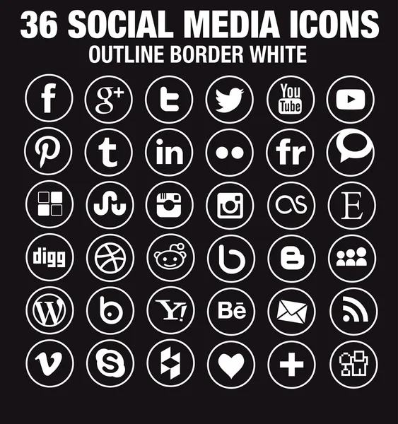 36 iconos de redes sociales - nueva versión - círculo blanco contorno fronteras — Vector de stock