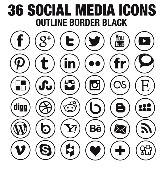 36 iconos de redes sociales - nueva versión - contorno negro círculo fronteras — Vector de stock