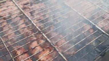 Et ızgarada kızartılır. Doğada lezzetli bir barbekü hazırlama süreci. Barbeküde metal bir şişte lezzetli yemekler. Ateşin üstünde domuz eti. Yakın plan.