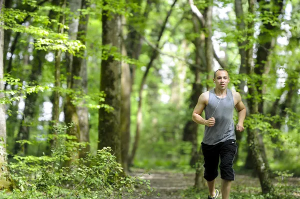 Jonge man loopt in het bos — Stockfoto