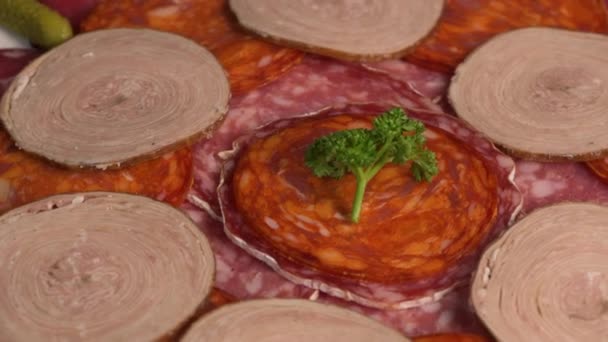 Bandeja de comida com delicioso salame, pedaços de presunto fatiado, salsicha, carnes delicadas, picles — Vídeo de Stock